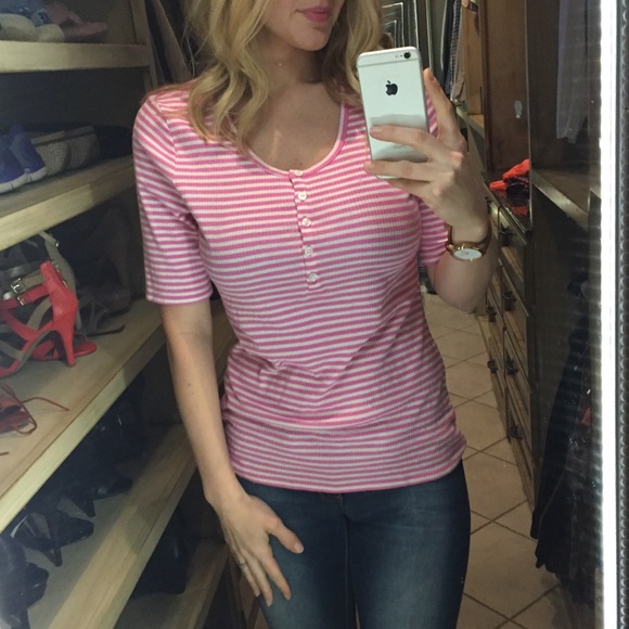 J. Crew Pink Striped Soft T-shirt with Buttons - Picture 6 of 7